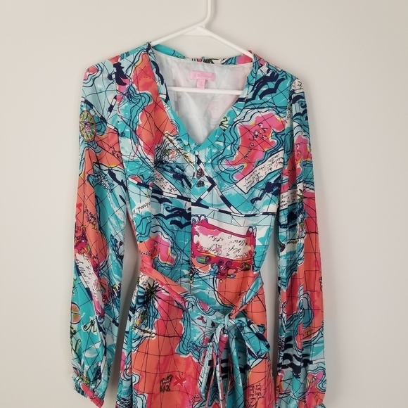 Lilly Pulitzer Silk Connie Dress X Marks the Spot Print Long Sleeve Tie Waist 2 - Picture 8 of 15